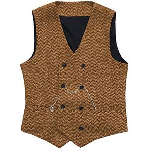 Heren Visgraat Vest met dubbele rij knopen Wollen Business Tweed gilet kleedt slank af(Large, Oranje)