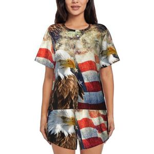 Amerikaanse vlag adelaar vuurwerk print dames zomer zachte tweedelige bijpassende outfits korte mouw pyjama lounge pyjama sets, Zwart, 3XL