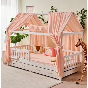 ALAVYA HOME® 3-delige decoratieset met 2 stuks bedhemel, 1 vlaggetjesslinger 300 cm lang, voor kinderbed kinderkamer, 100% biologisch mousseline katoen, GOTS-gecertificeerd, 125 x 350 cm, lichtroze