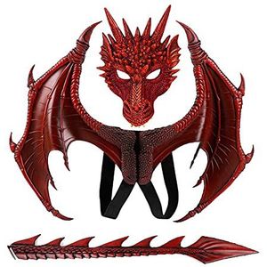 CRTEPST Drakenkostuum voor kinderen, jongens en meisjes, drakenvleugel-staart-maskerset, Halloween-dinosaurus-cosplayset voor kinderen (rood)