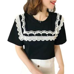 Dames Koreaanse mode O-hals gesplitst kant T-shirts Dameskleding Zomer Losse Casual Korte Mouw Shirt, Zwart, M