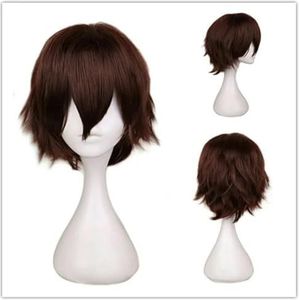 Mannelijke pruik Zwart Wit Paars blond Rood Kort haar Cosplay Anime Kostuum Halloween Pruiken Synthetisch haar met pony Voor mannen-Donkerbruin-8 inch