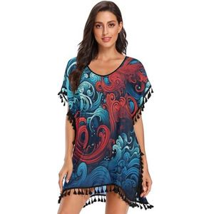 Octopus Abstract Rood Blauw Golf Strand Cover Up Chiffon Kwastje Badmode Badpak Coverups voor Meisje, Patroon, M