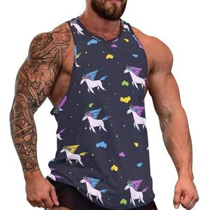 Magic Unicorns in Clouds Tanktop voor heren, grafische mouwloze bodybuilding T-shirts, casual strand-T-shirt, grappig sportschool-spierweefsel