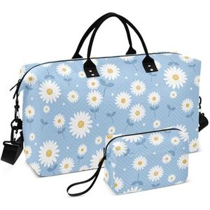 Reistas voor dames, madeliefjesbloemen, blauwe sporttas, plunjezak, weekendtas, reistas, nachttas met toilettas voor yoga, grote capaciteit, Daisy Flowers Blauw, Set of 2