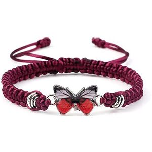 Vlinder Armband Voor Vrouwen Bohemian Gevlochten Armband Bangle Paar Vlinder Hand Sieraden Gift, Wijn Rood-Rood