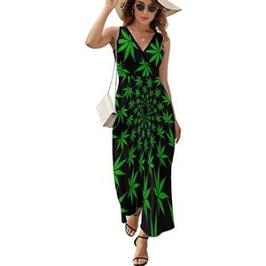 Groene onkruidbladeren lange jurk voor dames, mouwloze maxi-jurk, zonnejurk, strandfeestjurken, avondjurken, 2XL