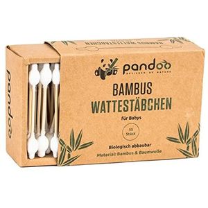 pandoo Verpakking van 4 bamboe babykatoenen staafjes - 100% biologisch afbreekbaar, veganistisch en duurzaam - composteerbare premium katoenen wattenstaafjes | 4 dozen van 55 (220) - 7,5 cm