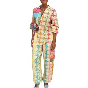 kekafu Etnische 2 ST Sets Voor Vrouwen Chic Button Down Lange Mouw Shirts Blouses & Cargo Broek Sets Lady Contrast Print Strand Outfit, Kleurrijk S, S