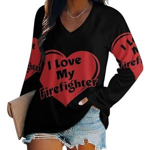 I Love My Firefighter Casual T-shirts met lange mouwen voor dames, V-hals, grafische blouses met print, 2XL