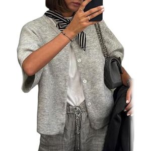 Women Knitted Crop Cardigan Shirt Short Sleeve Button Down Ribbed Knit Crop Top Y2k Girls Outwear Tops (Large,Light Grey)