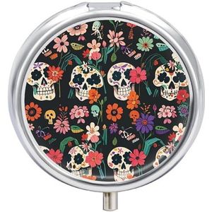 Dag van de Dode Bloemen Schedel Patronen Kleine Pillendoos 3 Roosters Reizen Pillendoosje Draagbare Dagelijkse Pil Organizer met Anti-Mengen Ontwerp Gemakkelijk op te halen Medicijnen voor Medicatie