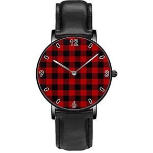 Rood en Zwart Vierkante Geruite Plaid Persoonlijkheid Business Casual Horloges Mannen Vrouwen Quartz Analoge Horloges, Zwart