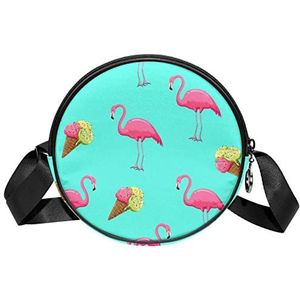 Ronde Crossbody Tas Messenger Bag Purse voor Vrouwen Tropische Flamingo Ijs Blauwe Kleur, Meerkleurig, 6.7x6.7x2.3 in, Sling Rugzakken
