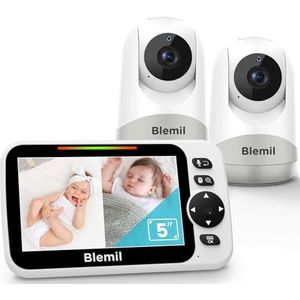 Blemil Monitor voor baby's, met 2 camera's en 30 uur accu Oplaadbaar Audio, 5-inch verdeeld scherm, camera op afstand in de wolk/zoom, tweerichtingsgesprek, nachtzicht, zonder WiFi
