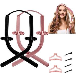 Heatless Curling Rod Headband - 2Pcs Overnight No Heat Curlers for Long Hair with Hair Clips & Scrunchie, Sleeping Heatless Hair Curler Foam Ribbon Rollers Kit for Women Gril's (Baby Pink+Black)