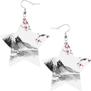 OPSREY Japanse Mount Rode Zon gedrukt Vrouwen Lederen Oorbellen Star Oorbellen Lichtgewicht Dangle Oorbellen, Eén maat, Kunstleer