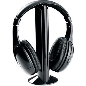 Kripyery Draadloze hoofdtelefoon met zender, draadloze headset, over ear, FM-radio, pc, tv, met microfoon, voor het bekijken van home game, computer, tv, zwart