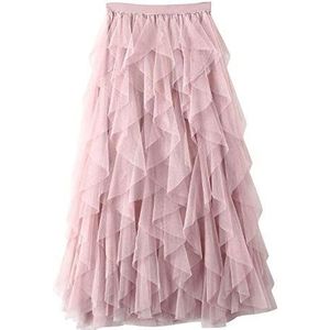 Dames - Geplooide Maxi Tule Rok - Roze - Hoge Taille - A-lijn