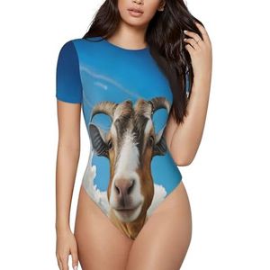 KHDKLXOHZ 3d blauwe schapenprint damesbodysuits - shapewear met korte mouwen, ronde hals, rekbare basic T-shirt tops, casual slim comfortabele pasvorm turnpak-onesie, 3d, S