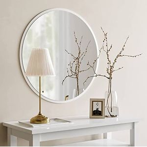 Gozos Moderne industriële spiegel Obejo, wit - ronde wandspiegel met houten onderkant en inclusief montagemateriaal - afmetingen 45 x 45 x 2,2 cm - ronde spiegel ideaal als decoratief object