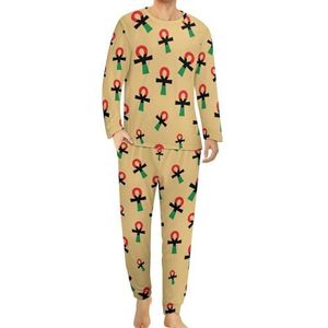 Rood Zwart & Groen Ankh Symbool Comfortabele Heren Pyjama Set Ronde Hals Lange Mouw Loungewear met Zakken 2XL