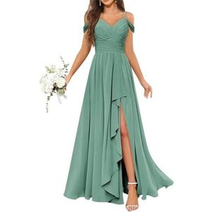 Chiffon bruidsmeisjesjurken voor dames, met split, lange baljurken, cocktailjurken, grote maten, Eucalyptus, 32
