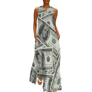 Dollars Bill Print enkellengte jurk voor dames, slanke pasvorm, mouwloos, maxi-jurk, casual zonnejurk, XL