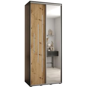 MEBLE KRYSPOL Davos 13 110 Kledingkast met twee schuifdeuren voor slaapkamer - Moderne Kledingkast met spiegel, kledingroede en planken - 235,2x110x60 cm - Zwart Artisan Silver