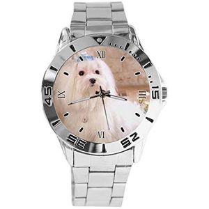 Maltees hond ontwerp analoog polshorloge quartz zilveren wijzerplaat klassieke roestvrij stalen band vrouwen mannen horloge