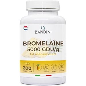 Bandini® Bromelaïne Sterk Drainage 5000 GDU/g | 200 maagresistente Tabletten | Natural Pineapple Enzyme | 100% Vegan & High Dose | Detox Spijsverteringsenzymsupplement | Bevordert de Spijsvertering