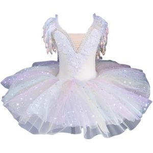 Meisjes balletjurk, kwastjes pannenkoek dansvoorstelling tutu jurk strass bloemen borduurwerk kant Little Dancewear zwaan V-hals spaghettibandjes ballerina kostuum,Apricot,100