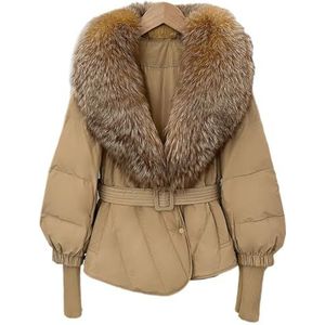 Dames Korte Gewatteerde Jas Met Imitatiebontkraag en Riem, Dikke, Warme Winterjas Met V-hals(Khaki 4,S)