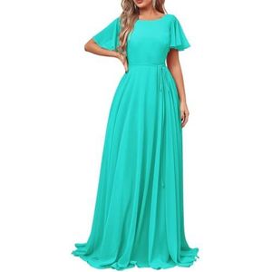 Damesjurken met korte mouwen, lange bruidsmeisjesjurk, chiffon, formele avondjurken met zakken, Turkoois, 32