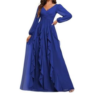 Prinses Bruidsmeisje Jurken Lange Mouw Prom Jurken V-hals Chiffon Formele Avond Party Maxi Jurk ZM208, koningsblauw, 32