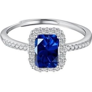 Dames S925 sterling zilveren ring ingelegd met rechthoekige groen blauw rood witte zirkoon ring gezicht opening verstelbare ringarmband (Color : Blue_Adjustable)