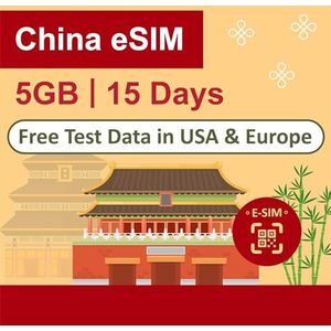 eSIM China - 5 GB data voor 15 dagen | China en Macau | Gratis proefdata in EU | Onbeperkte internettoegang | Ondersteunt Google, Facebook, WhatsApp, Instagram en meer
