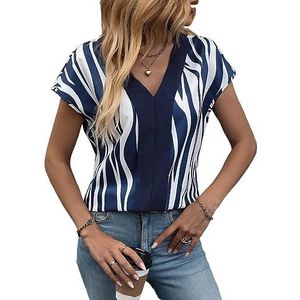 dames topjes Gestreepte blouse met vleermuismouwen for dames, casual top met korte mouwen en V-hals (Color : Blue and White, Size : XL)