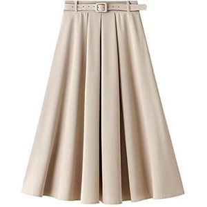 Rok Voor ​Dames,Dames Midi Rok Beige Elastische Hoge Taille Geplooide Rok Mode Met Riem Retro A-Lijn Ruches Flowy Temperament Lange Rokken Voor Meisjes Dames, L