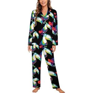 Tie Dye Toucan dames lange mouw button down nachtkleding zachte nachtkleding lounge pyjama set XL