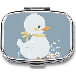 Little White DuckPill Organizer met spiegel, 2 compartimenten metalen reispillenetui, wekelijkse medicijncontainer voor dagelijkse medicijnen, compact en artistiek ontwerp voor portemonnee, zak of