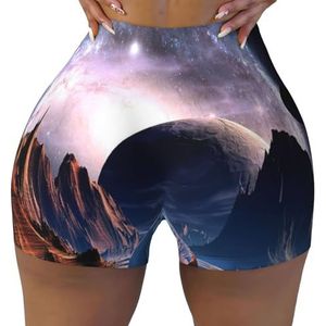 ELRoal Dames Sport Elastische Shorts Blauw Galaxy Star Moon Mountain Printing Vrouwen Workout Shorts Ademend en Sneldrogende Yoga Shorts, Zwart, S-3XL Short