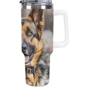RTFGHJS 40 oz Tumbler Duitse herder hond geïsoleerde beker reizen koffiemok met rietje deksel roestvrij staal waterfles vacuüm geïsoleerde beker voor sport werk auto reizen weekends