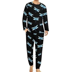 Blauwe Dragonfly comfortabele herenpyjama set ronde hals lange mouwen loungewear met zakken XL