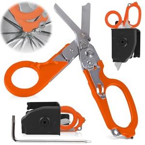 WANDGU 6-in-1 reddingsschaar: traumaschaar, reddingsschaar, draagbaar, opvouwbare schaartang van roestvrij staal, outdoor camping schaar gereedschap, noodschaar voor reddingsdiensten (oranje)
