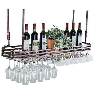 JLVAWIN Opbergrek wijnrekken met glazen houder metalen plafond gemonteerde hangende wijnhouder opknoping glaswerk wijnglashouder organisator rek, wijnfleshouder (brons) planken (maat: 80 cm x 35 cm)