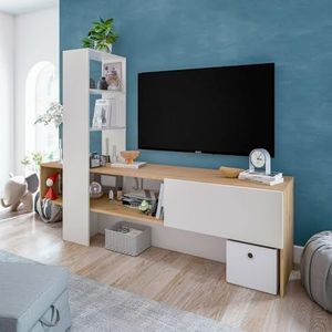 Dmora - TV-kast Vernon, tv-standaard met 1 deur, woonkamerkast met boekenkast met 3 schappen, 178 x 43 cm x 136 cm, Nodi-eiken en glanzend wit