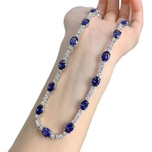 Kettingen voor vrouwen Saffier diamanten halsketting 100% echt 925 zilveren verlovingsbruiloftketting for dames bruidssieraden (Color : Blue_Onesize)