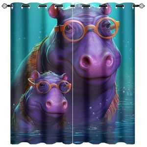 AEMYSKA Aquarel Hippo Thermische Geïsoleerde Kamer Verduisterende Slaapkamer Gordijnen Fun Natuur Paars Dier Print Tule Gordijn Panelen/Gordijnen 63,5 x 72 inch
