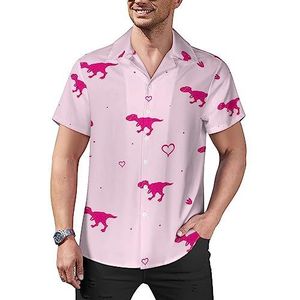 Roze dinosaurus T Rex casual overhemden voor heren met korte mouwen Cubaanse kraag T-shirts tops Hawaiiaans T-shirt L